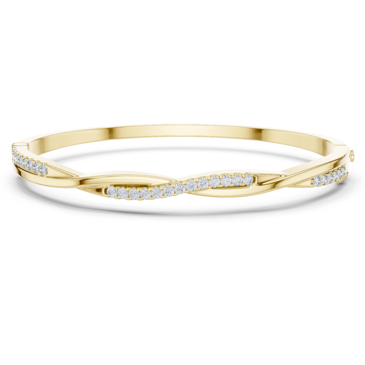 Yellow gold twisted diamond bangle bracelet, close-up view