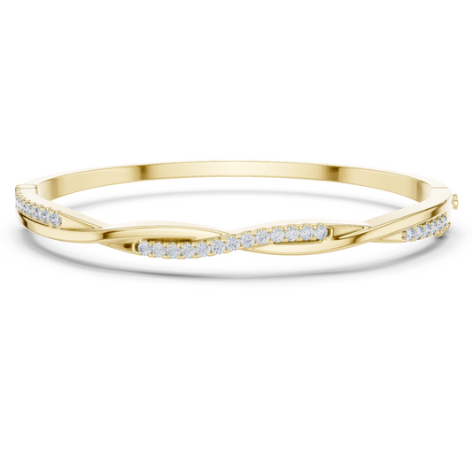 Yellow gold twisted diamond bangle bracelet, close-up view