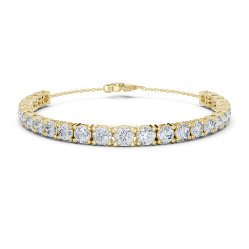 Yellow gold graduated round diamond tennis bracelet, close-up view