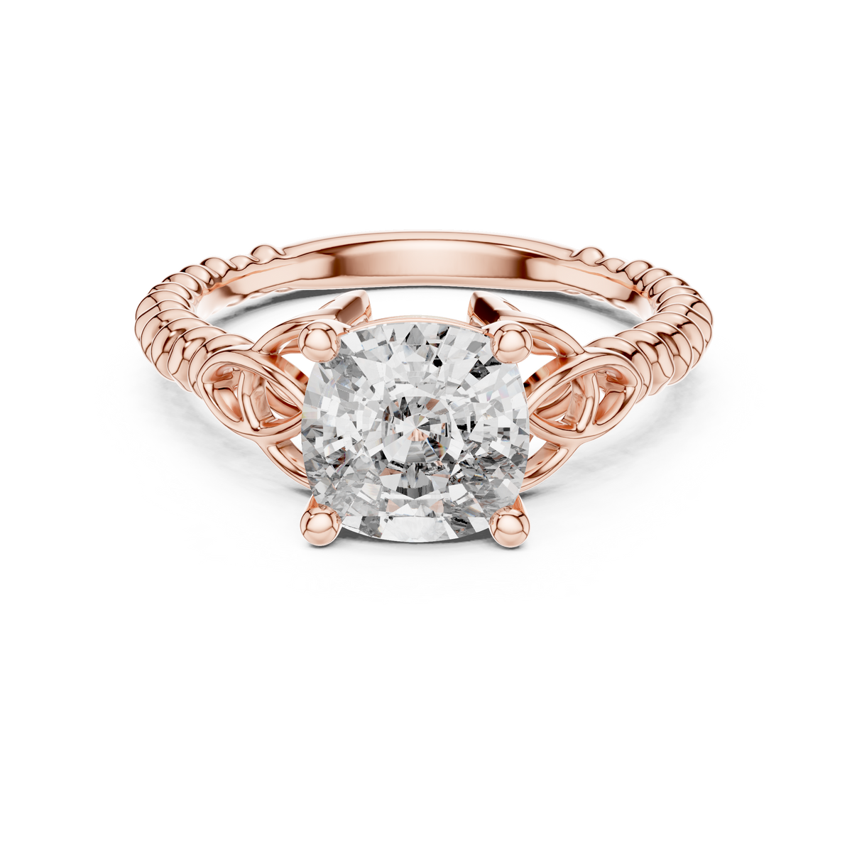 Rose gold 2.43 CT lab grown diamond cushion cut solitaire ring, front view