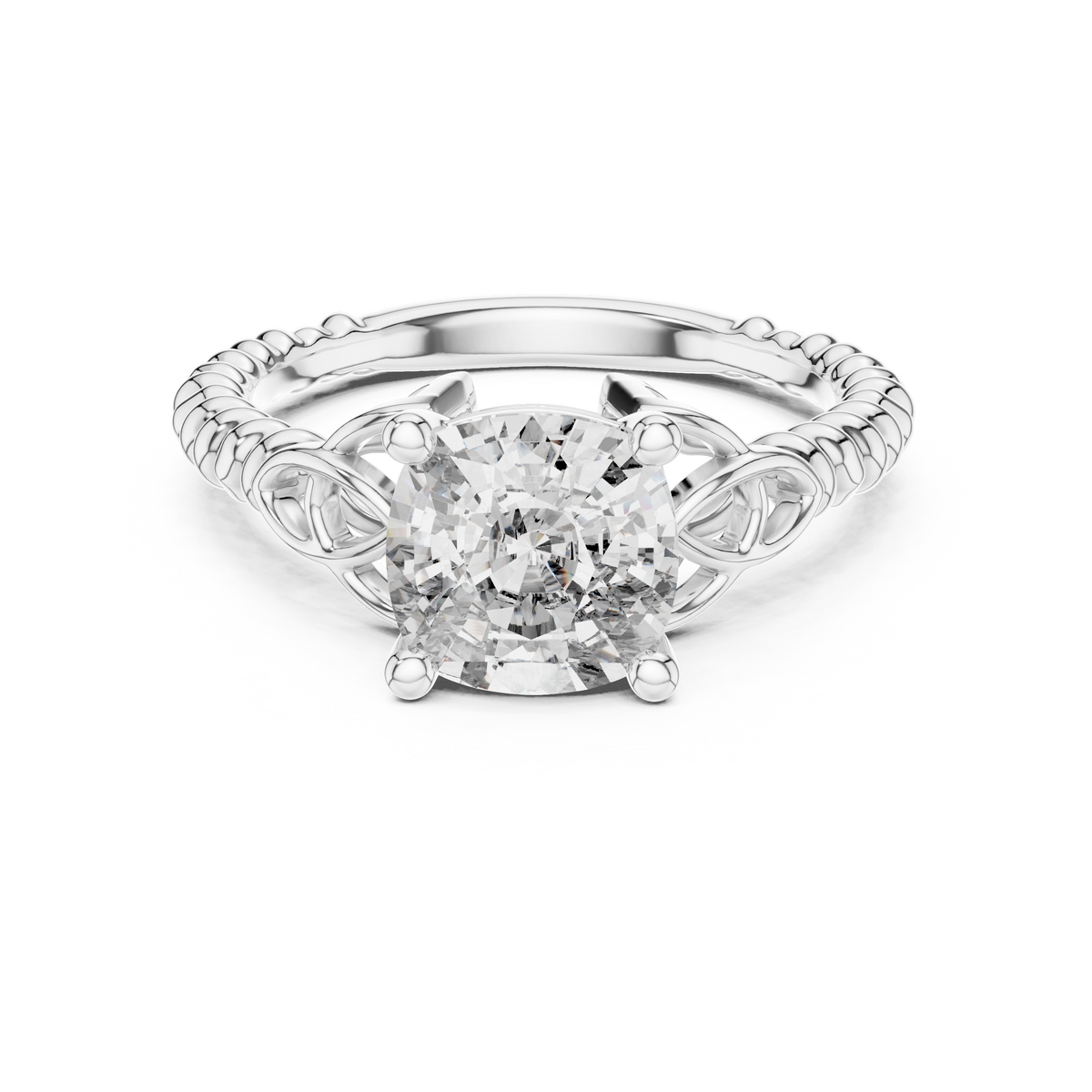 White gold 2.43 CT lab grown diamond cushion cut solitaire ring, front view