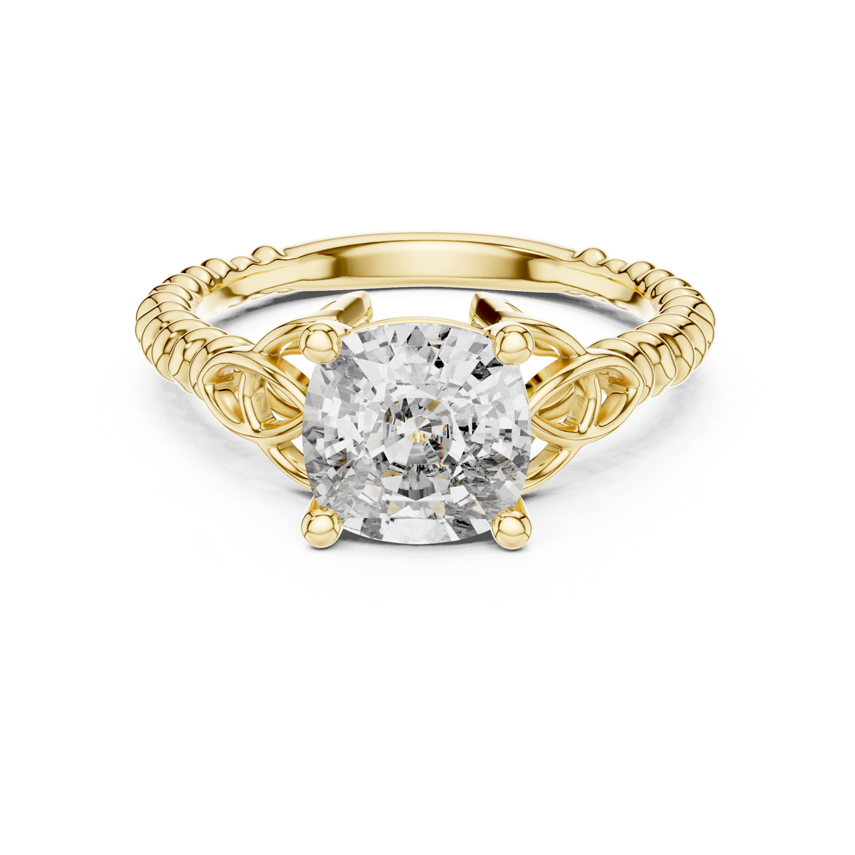 Yellow gold 2.43 CT lab grown diamond cushion cut solitaire ring, front view