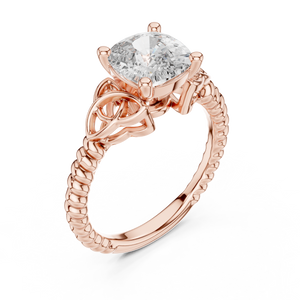 Rose gold lab grown diamond cushion cut solitaire ring, angled view