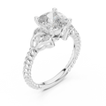 White gold lab grown diamond cushion cut solitaire ring, angled view