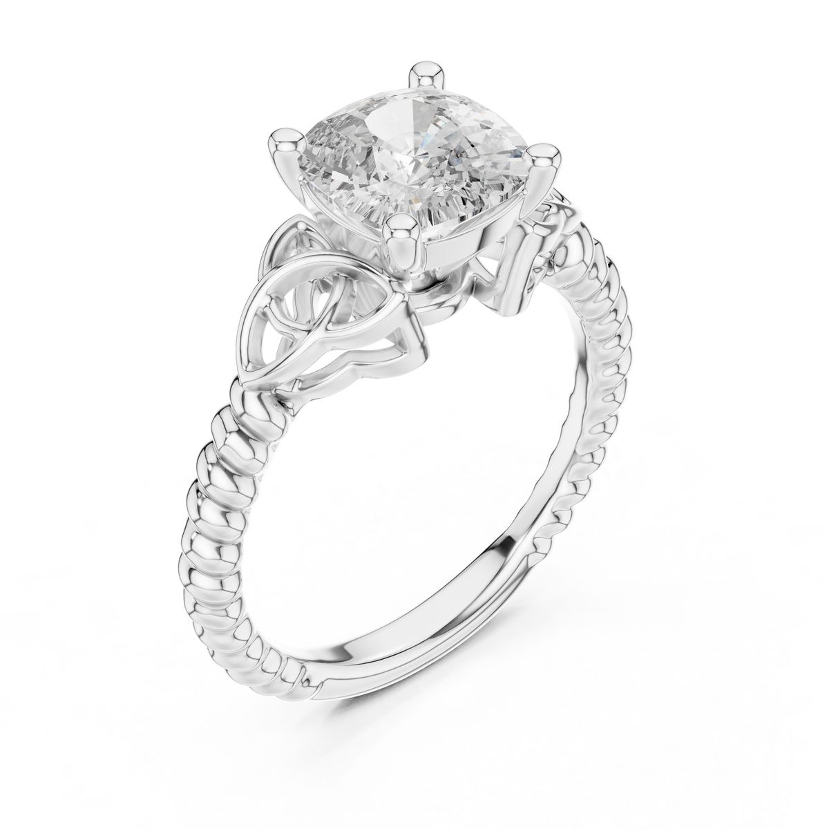 White gold lab grown diamond cushion cut solitaire ring, angled view