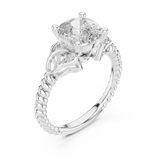 White gold lab grown diamond cushion cut solitaire ring, angled view