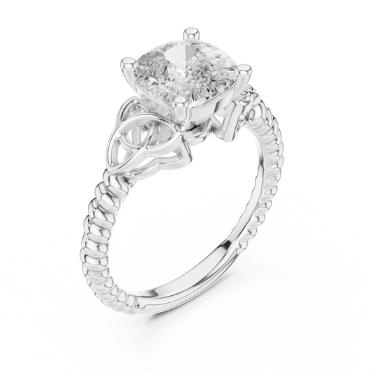 White gold lab grown diamond cushion cut solitaire ring, angled view