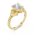Yellow gold lab grown diamond cushion cut solitaire ring, angled view