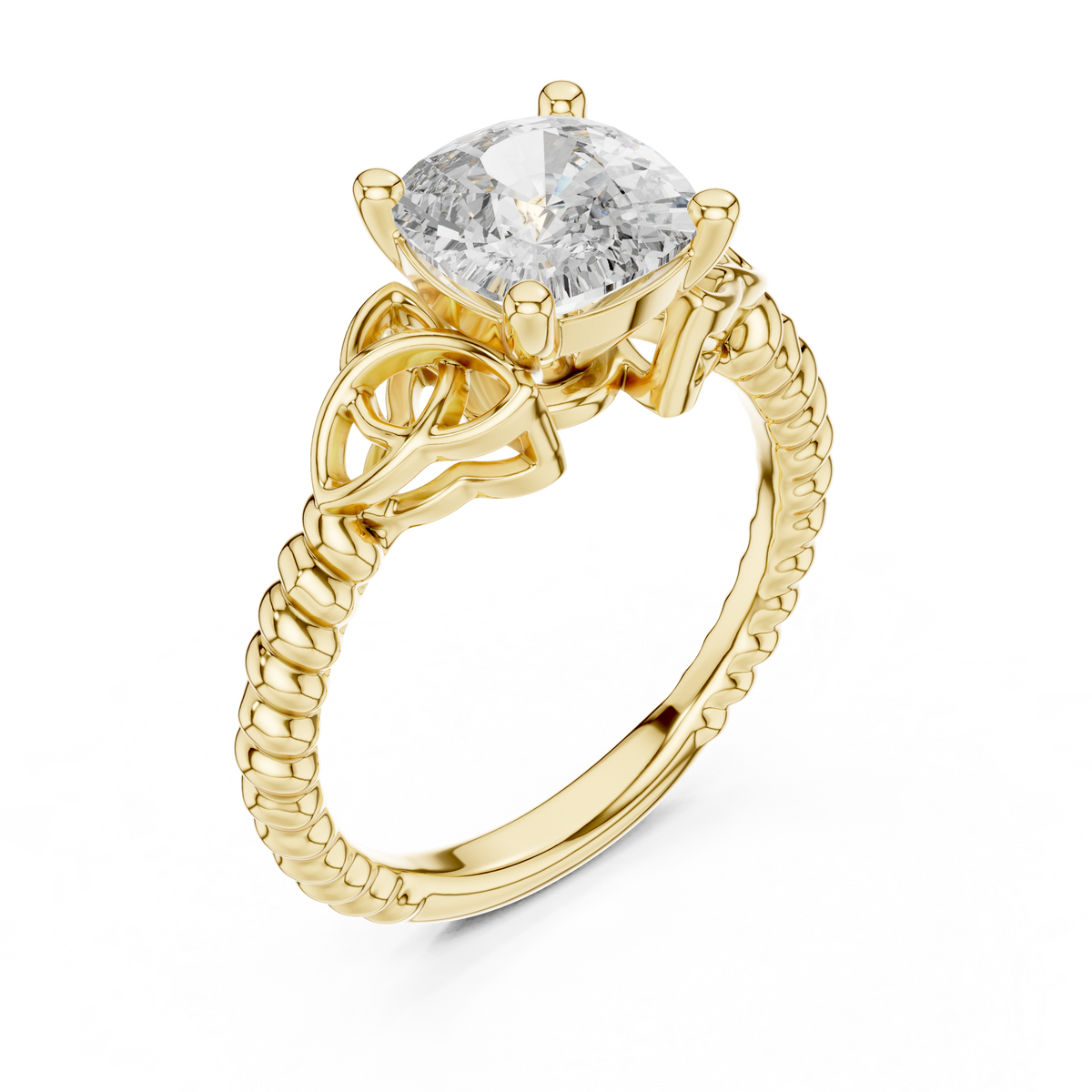 Yellow gold lab grown diamond cushion cut solitaire ring, angled view