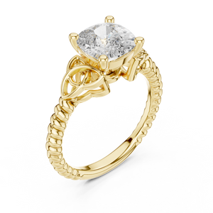 Yellow gold lab grown diamond cushion cut solitaire ring, angled view