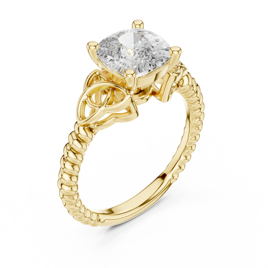 Yellow gold lab grown diamond cushion cut solitaire ring, angled view