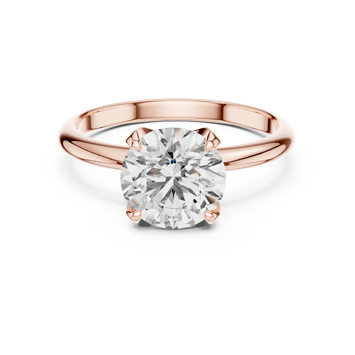 Rose gold 1.5 CT lab grown diamond round cut solitaire ring, front view