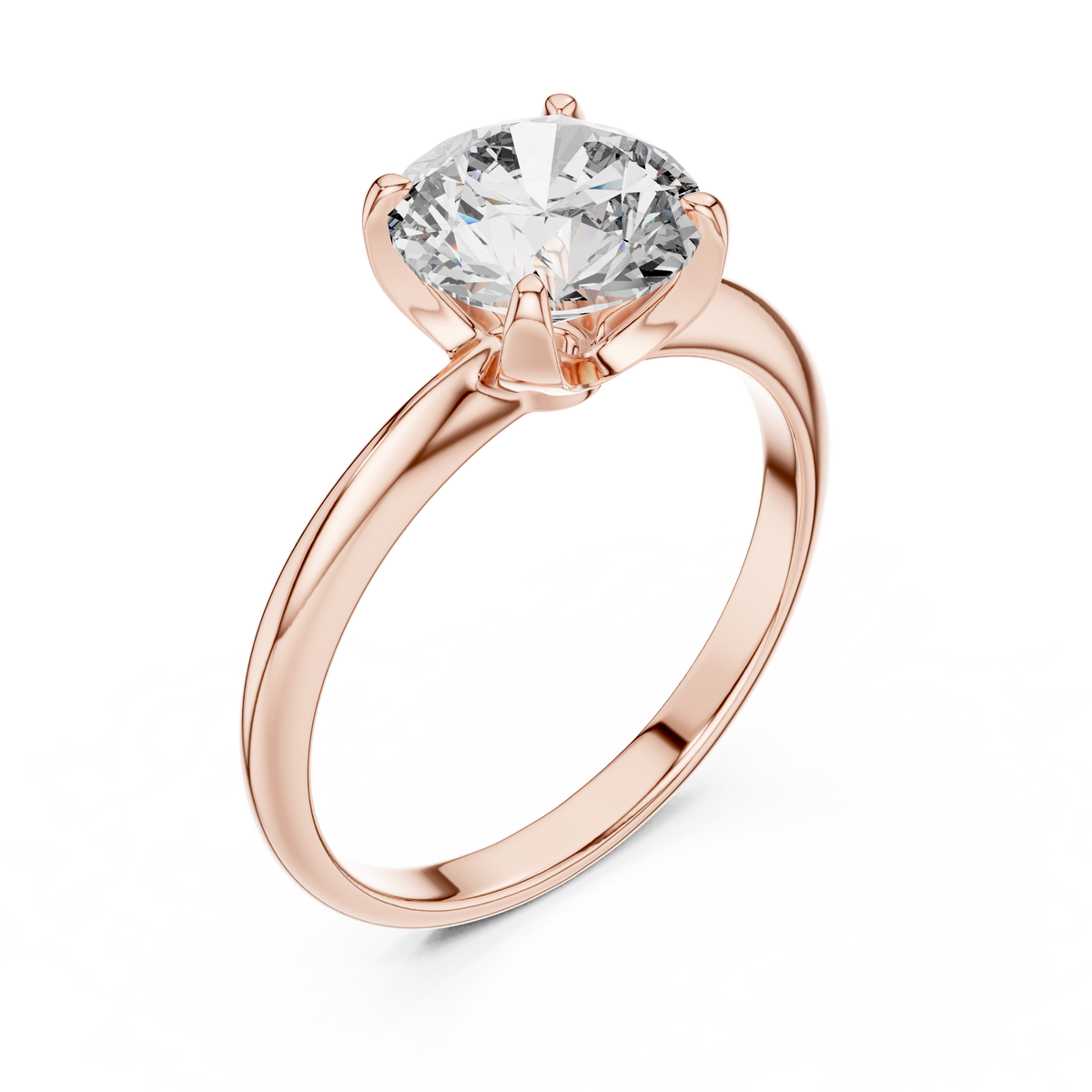 Rose gold lab grown diamond round cut solitaire ring, angled view