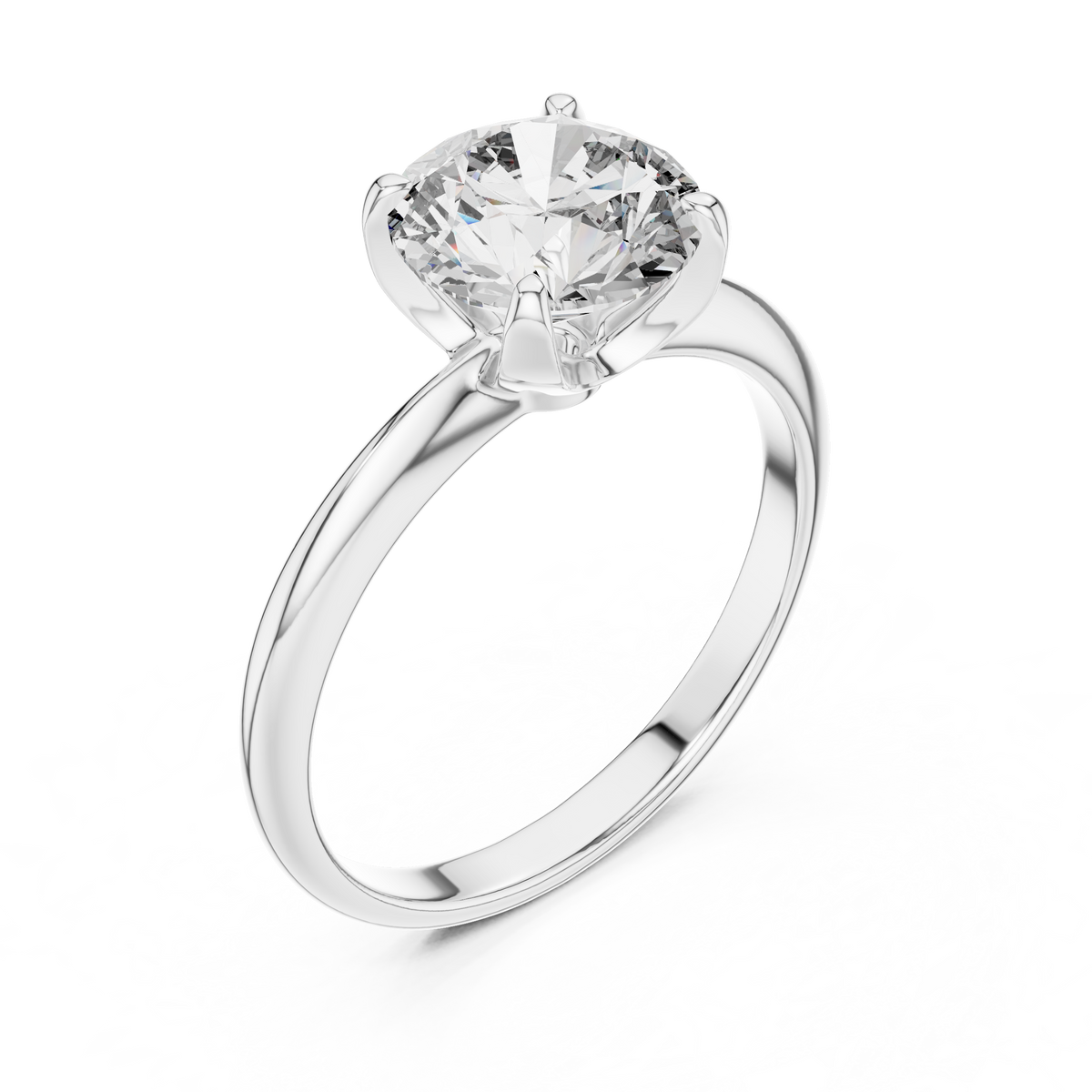 White gold lab grown diamond round cut solitaire ring, angled view