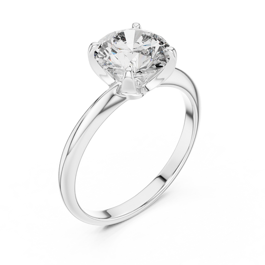 White gold lab grown diamond round cut solitaire ring, angled view