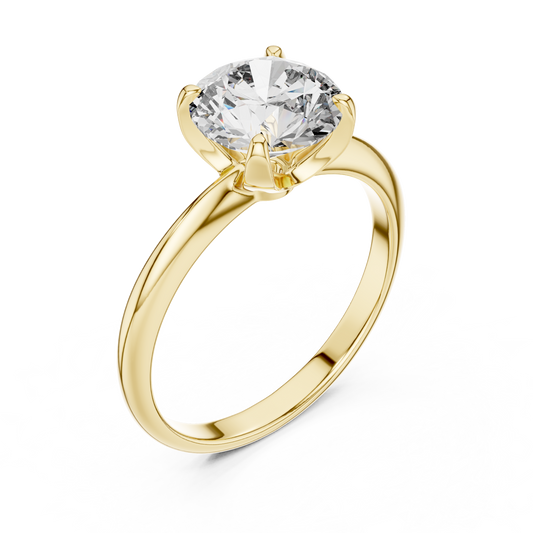 Yellow gold lab grown diamond round cut solitaire ring, angled view