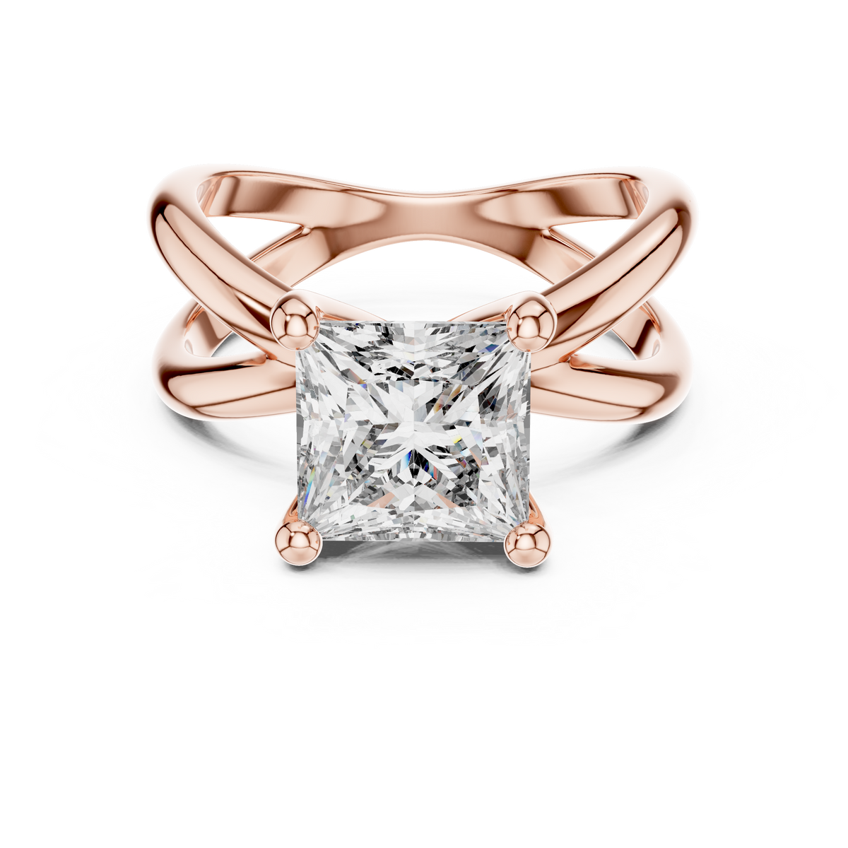 Rose gold 3 CT lab grown diamond princess cut solitaire ring, front view