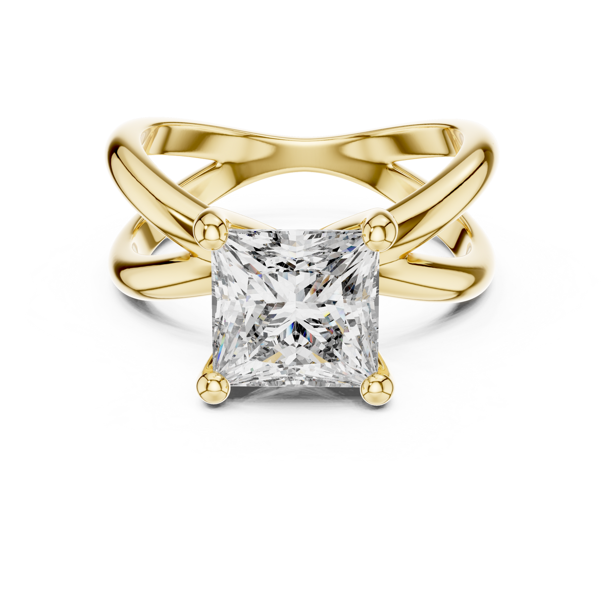 Yellow gold 3 CT lab grown diamond princess cut solitaire ring, front view