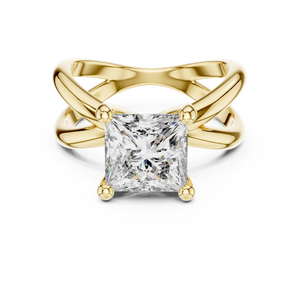 Yellow gold 3 CT lab grown diamond princess cut solitaire ring, front view