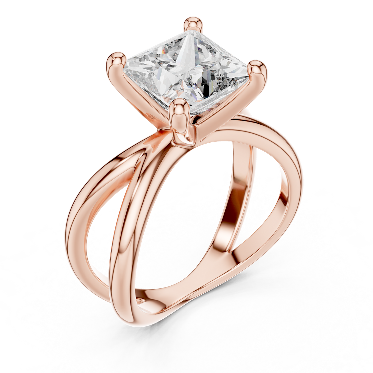 Rose gold lab grown diamond princess cut solitaire ring, angled view