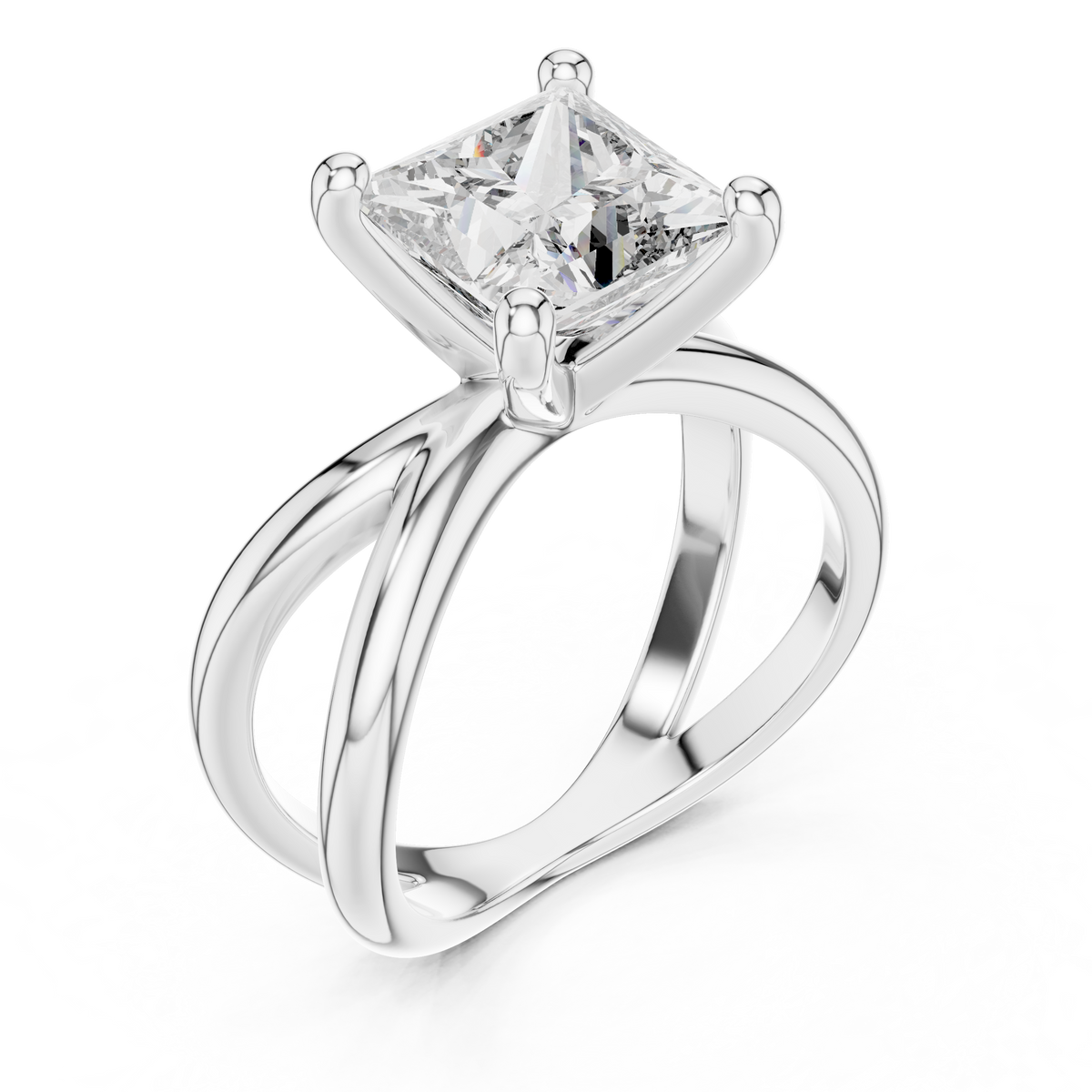 White gold lab grown diamond princess cut solitaire ring, angled view
