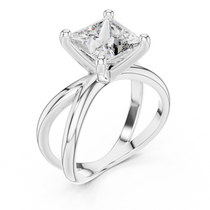 White gold lab grown diamond princess cut solitaire ring, angled view