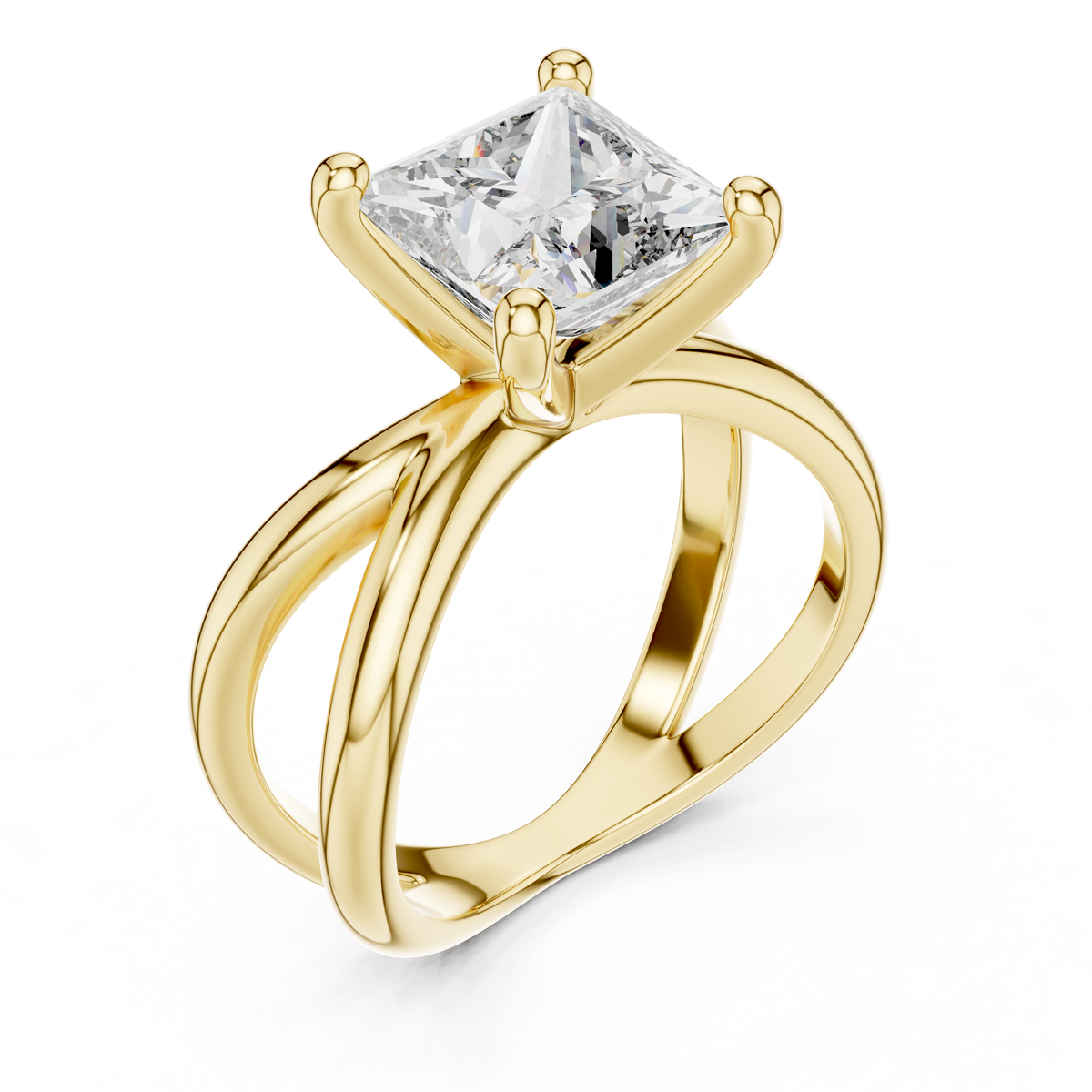 Yellow gold lab grown diamond princess cut solitaire ring, angled view