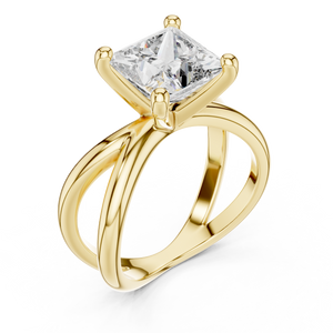 Yellow gold lab grown diamond princess cut solitaire ring, angled view