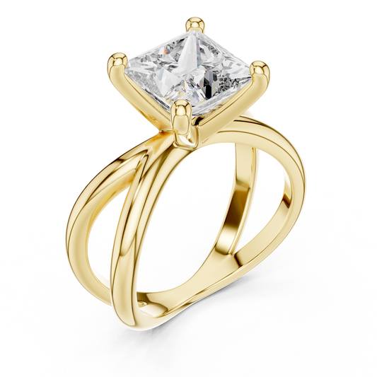 Yellow gold lab grown diamond princess cut solitaire ring, angled view