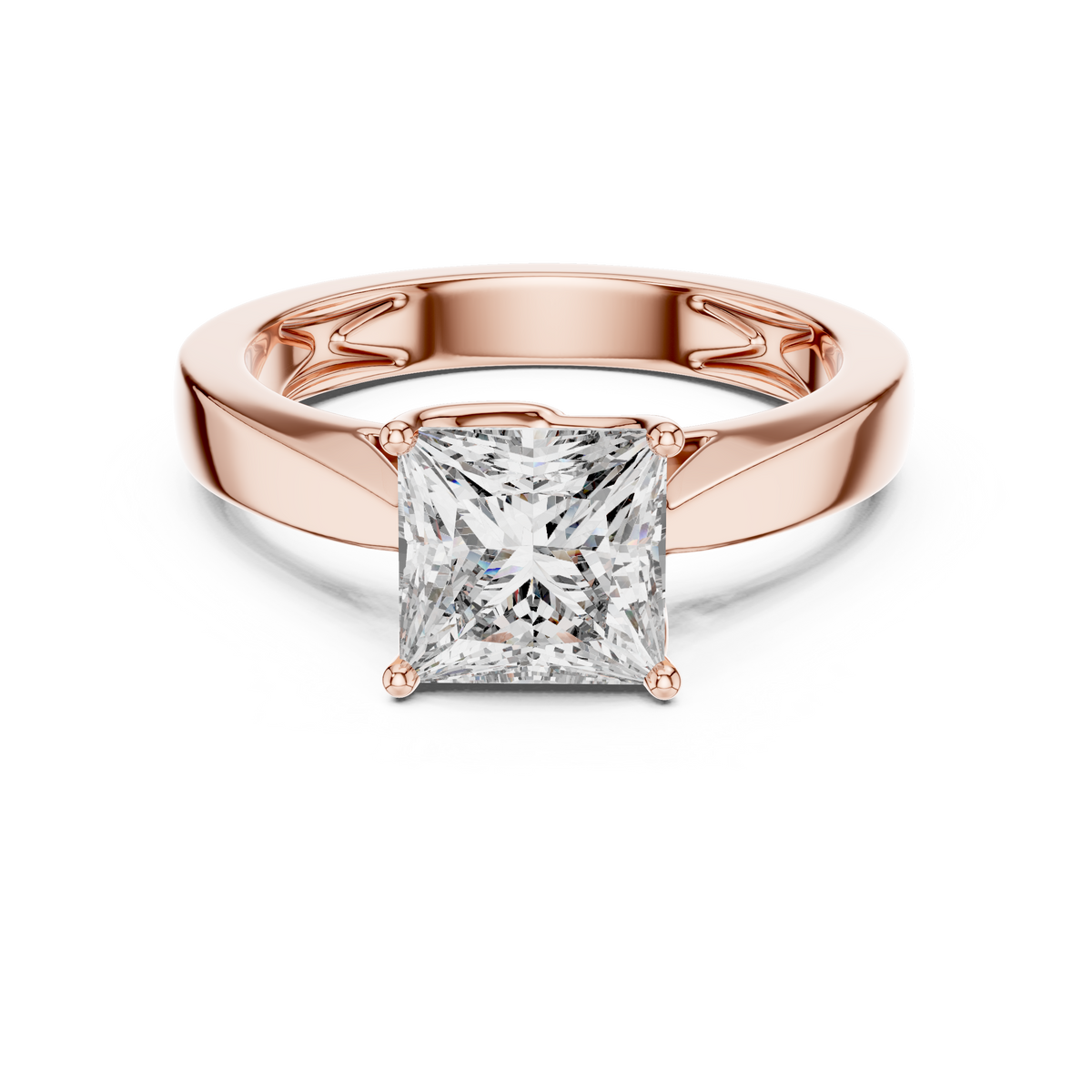 Rose gold 1.5 CT lab grown diamond princess cut solitaire ring, front view