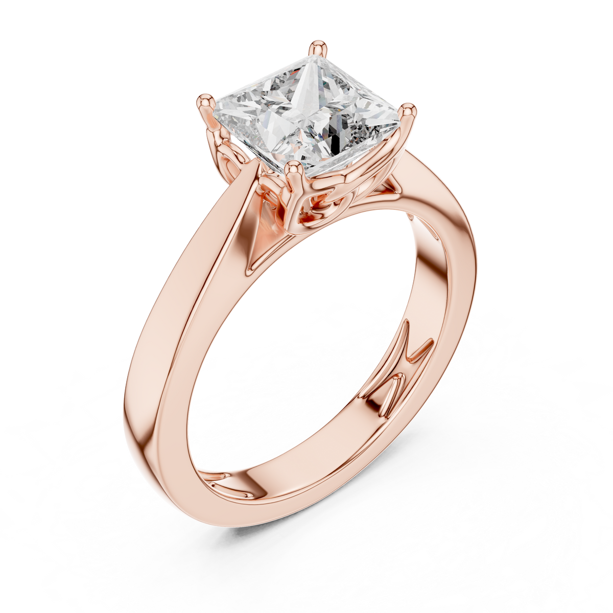 Rose gold lab grown diamond princess cut solitaire ring, angled view
