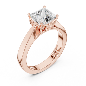 Rose gold lab grown diamond princess cut solitaire ring, angled view