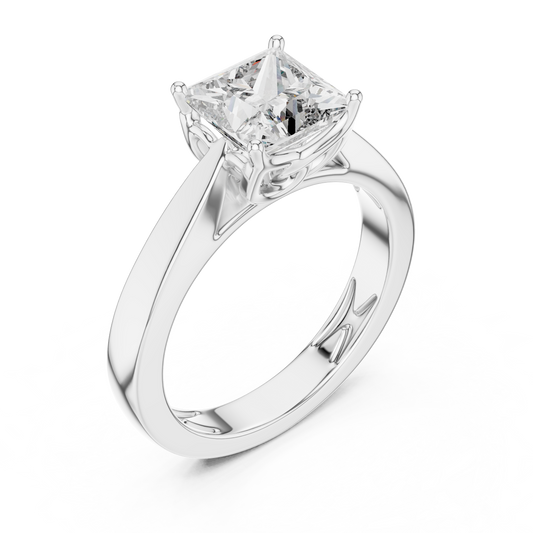 White gold lab grown diamond princess cut solitaire ring, angled view