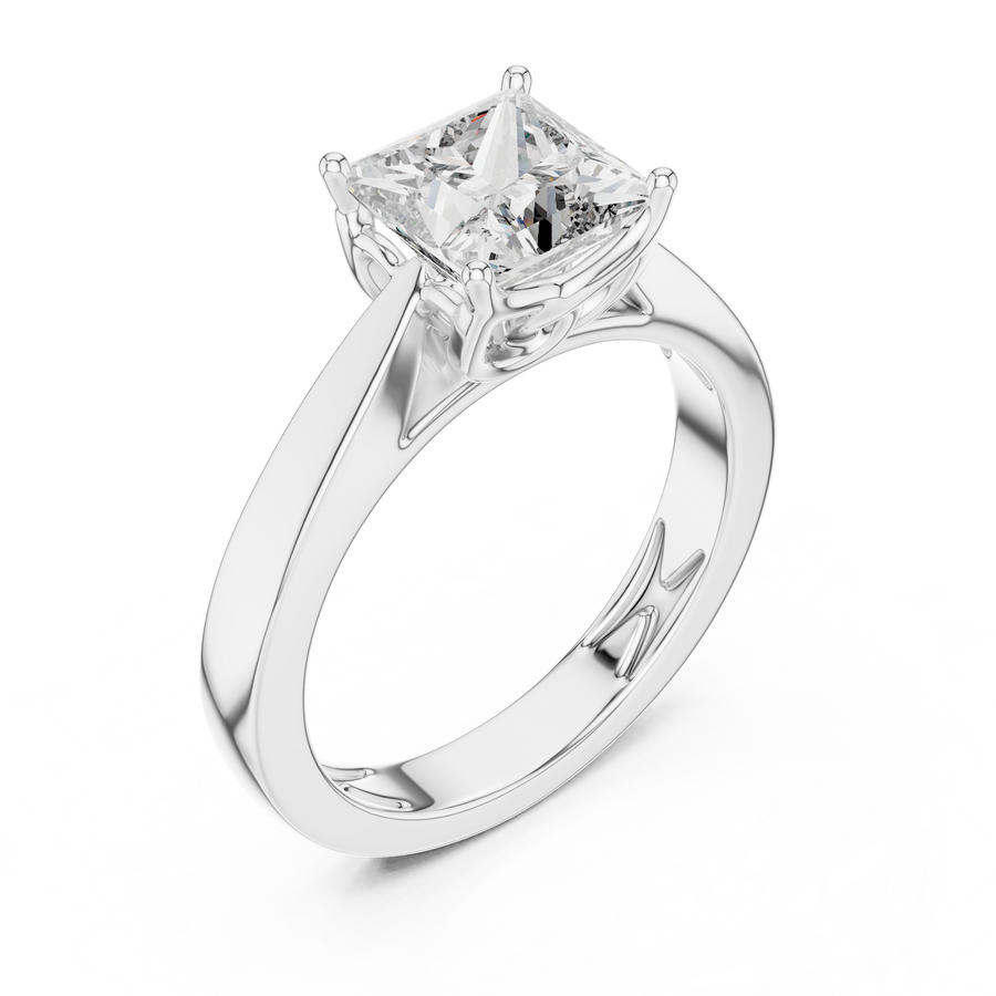 White gold lab grown diamond princess cut solitaire ring, angled view