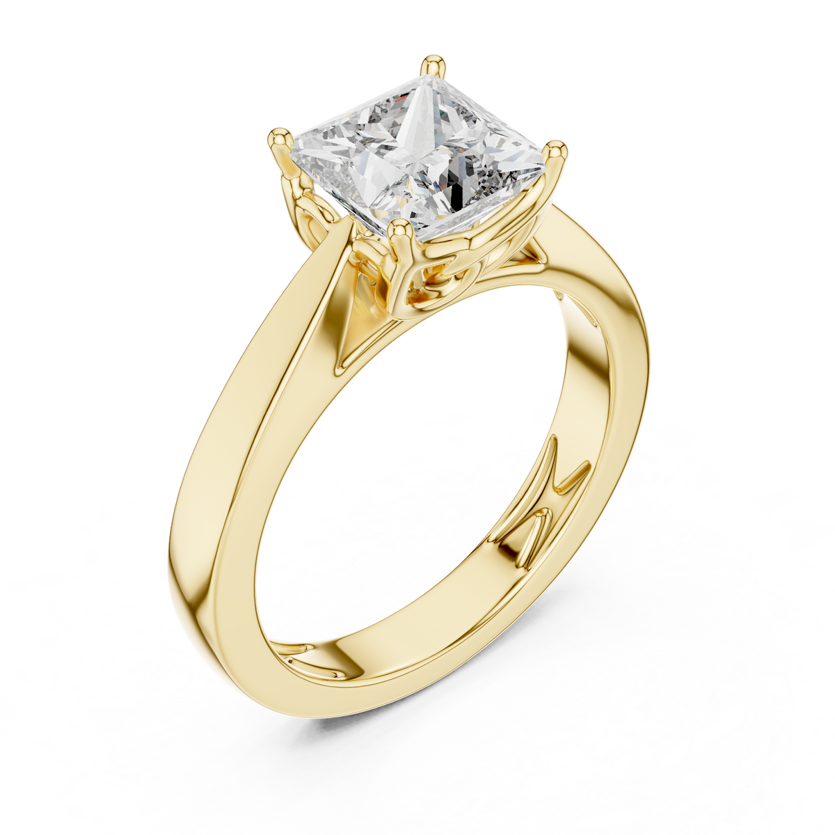 Yellow gold lab grown diamond princess cut solitaire ring, angled view