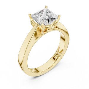 Yellow gold lab grown diamond princess cut solitaire ring, angled view