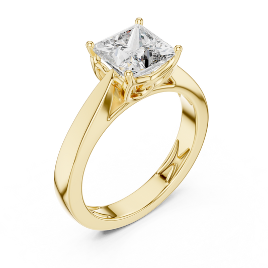 Yellow gold lab grown diamond princess cut solitaire ring, angled view