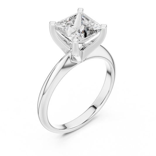 White gold lab grown diamond princess cut solitaire ring, angled view