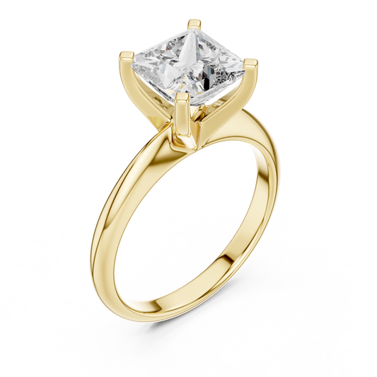 Yellow gold lab grown diamond princess cut solitaire ring, angled view