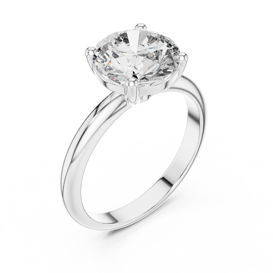 White gold lab grown diamond round cut solitaire ring, angled view