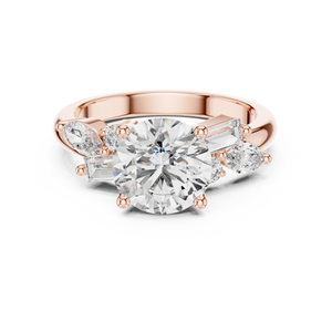 Rose gold 2.5 CT lab grown diamond round cut ring with fancy-shaped accents, front view