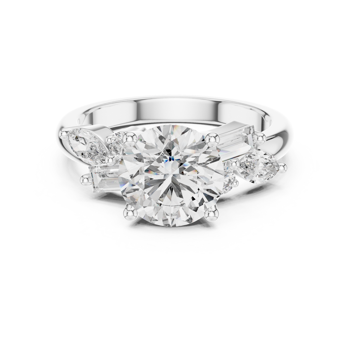 White gold 2.5 CT lab grown diamond round cut ring with fancy-shaped accents, front view