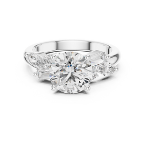 White gold 2.5 CT lab grown diamond round cut ring with fancy-shaped accents, front view