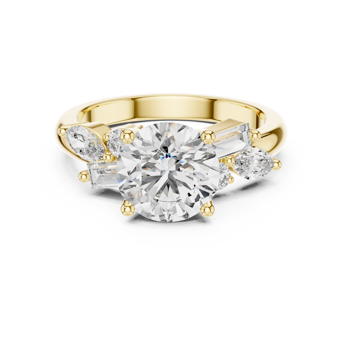Yellow gold 2.5 CT lab grown diamond round cut ring with fancy-shaped accents, front view