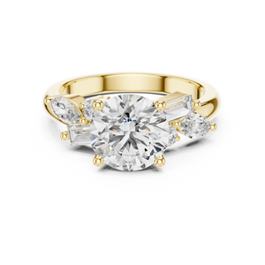 Yellow gold 2.5 CT lab grown diamond round cut ring with fancy-shaped accents, front view
