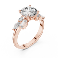 Rose gold lab grown diamond round cut ring with fancy-shaped accents, angled view