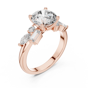 Rose gold lab grown diamond round cut ring with fancy-shaped accents, angled view