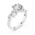 White gold lab grown diamond round cut ring with fancy-shaped accents, angled view