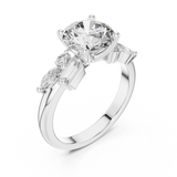 White gold lab grown diamond round cut ring with fancy-shaped accents, angled view