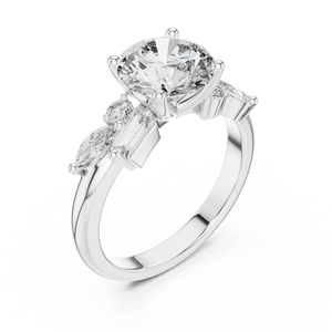 White gold lab grown diamond round cut ring with fancy-shaped accents, angled view